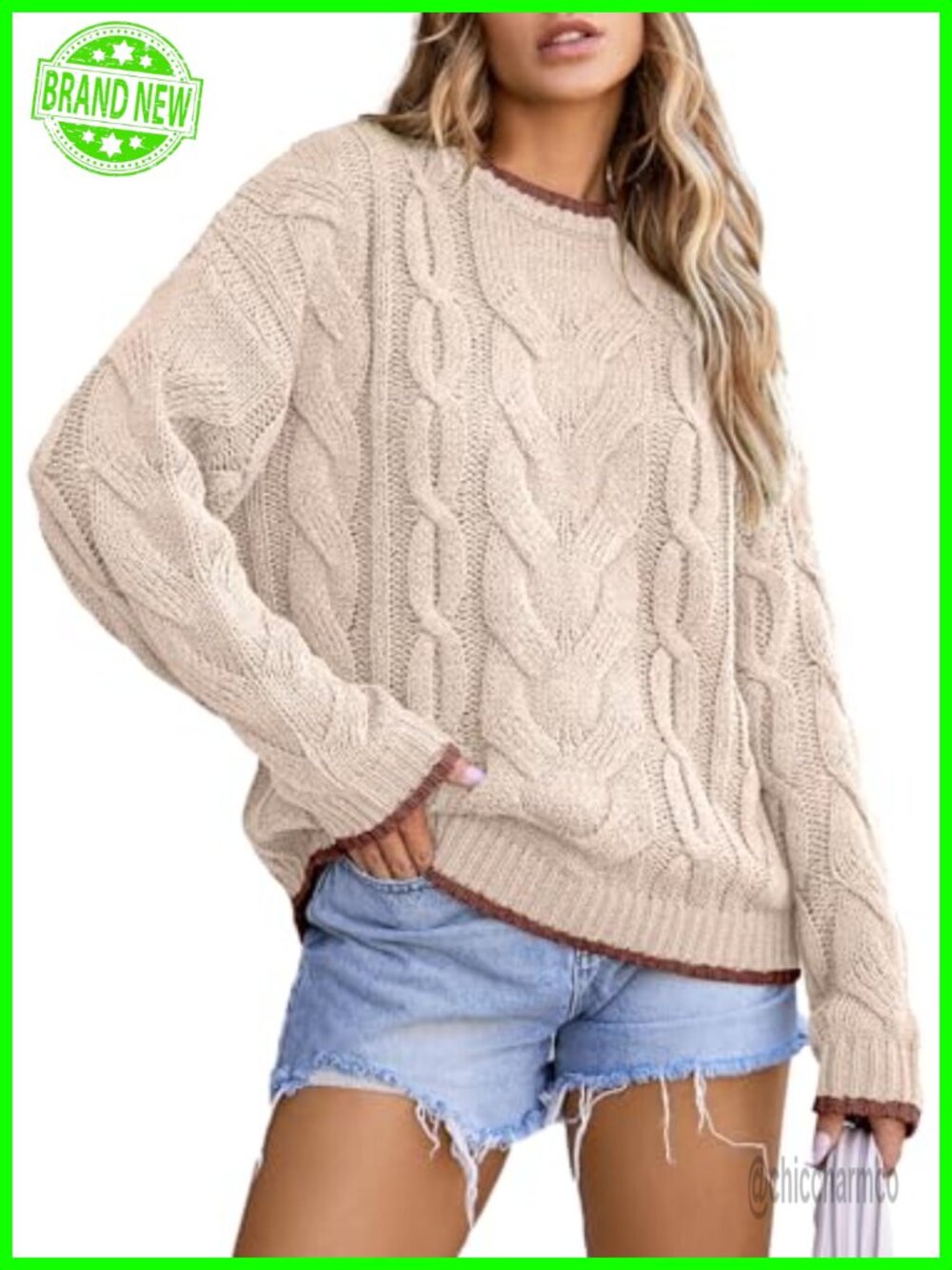 Womens Cable Knit Chunky Pullover Sweater Crewneck Long Sleeve